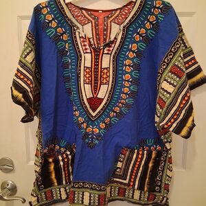 Blue Dashiki Tunic Top with Multicolor Tribal Print